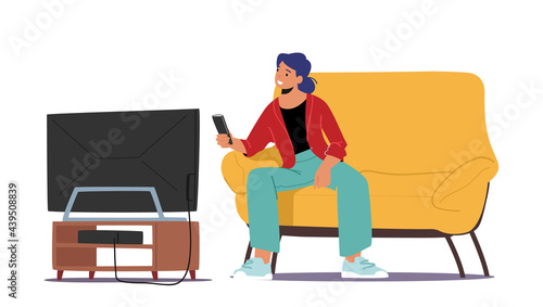 Student Character Watch Tv in Dormitory. Young Woman with Remote Control in Hand Sitting on Couch front of Television