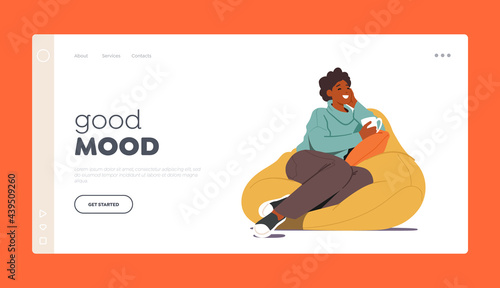 Female Character Relaxing, Having Leisure, Sparetime, Drink Beverage Landing Page Template. Young Woman Sitting with Cup
