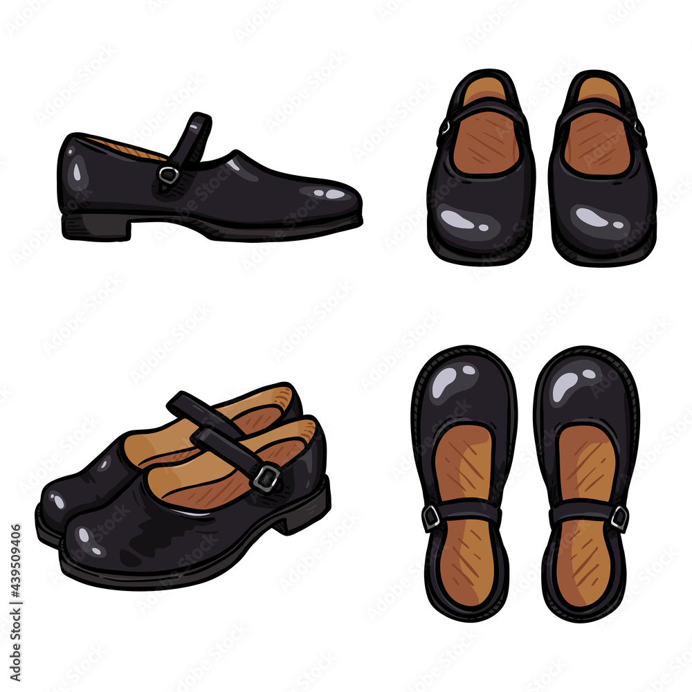 Vector Set of Cartoon Black Leather Women Clasp Shoes. Stock Vector | Adobe  Stock