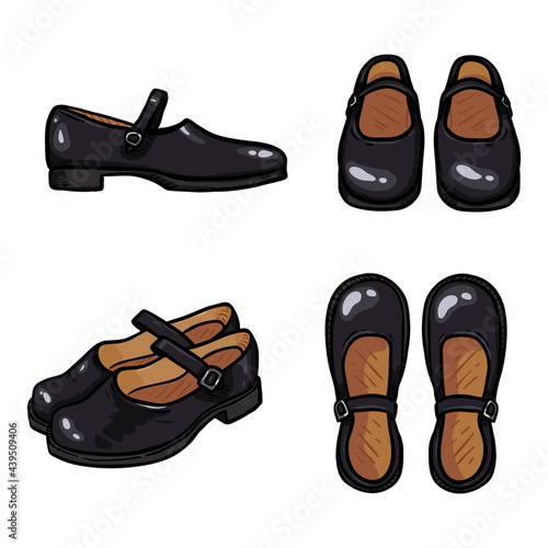 Vector Set of Cartoon Black Leather Women Clasp Shoes.