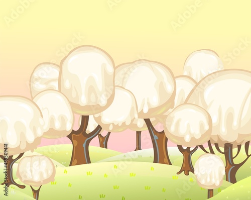 Fabulous sweet forest. Ice cream, drips of white milk cream. Sky. Trees with chocolate trunks. Cute hilly landscape for children. Beautiful fantastic illustration. Vector