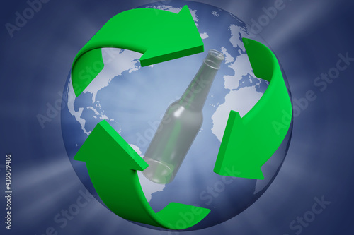 Illustrazione 3D. Ecologia. Riciclaggio. Simbolo di riciclaggio ruota attorno ad una bottiglia di vetro.. photo