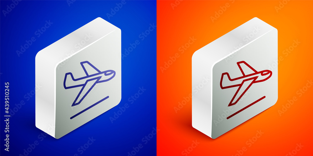 Isometric line Plane landing icon isolated on blue and orange background. Airplane transport symbol. Silver square button. Vector Isometric line Plane landing icon isolated on blue and orange background. Airplane transport symbol. Silver square button. Vector
