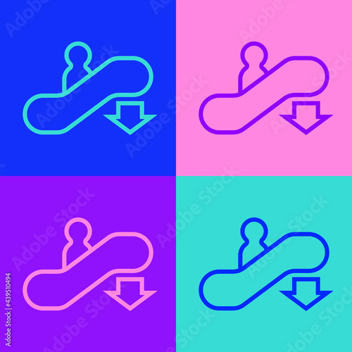 Pop art line Escalator down icon isolated on color background. Vector