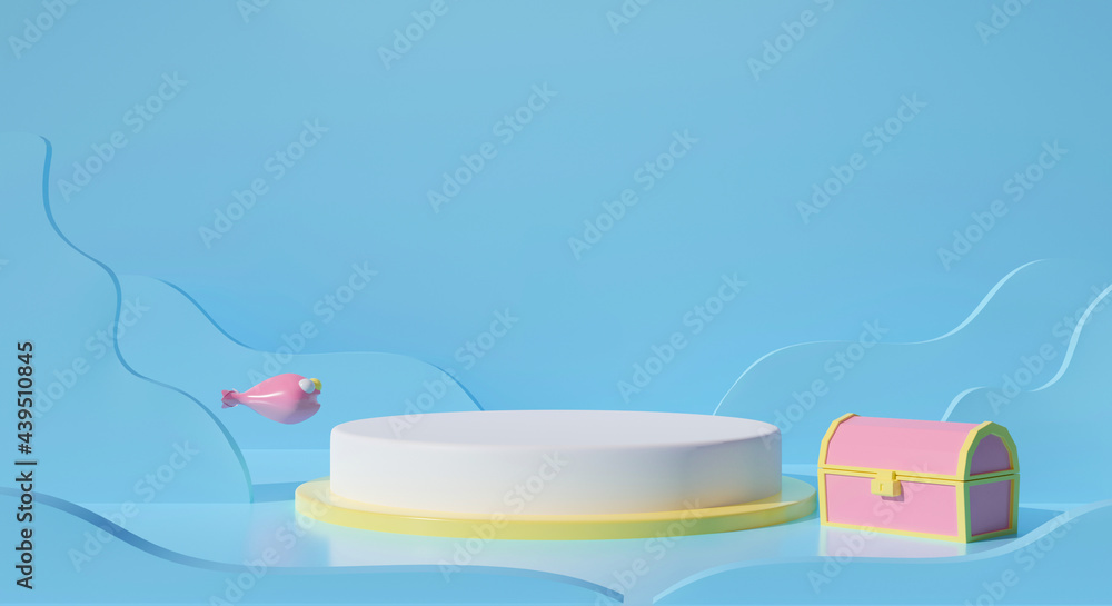 Abstract 3d rendering of white podium stand on blue pastel background with treasure chest. Summer fun. Abstract 3d rendering of white podium stand on blue pastel background with treasure chest. Summer fun.