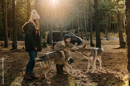 Young couple playing with wolf dogs in the forest photo