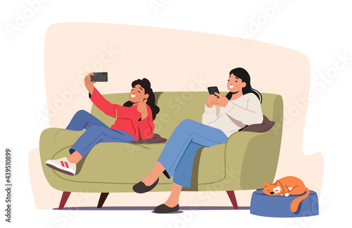 Family Characters with Digital Electronic Devices. Girl and Mother Chatting Online Use Smartphones. Mom Ignore Daughter