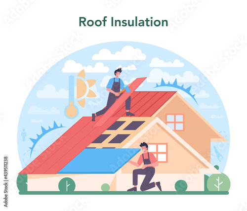 Roof insulation concept. Thermal or acoustic insulation. Worker putting