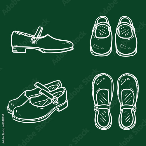 Vector Set of Chalk Sketch Leather Women Clasp Shoes.