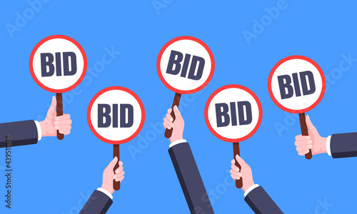 Hand hold round auction bid paddle banner plate sign business concept flat style design vector illustration set. Hand holds bid voting paddle.