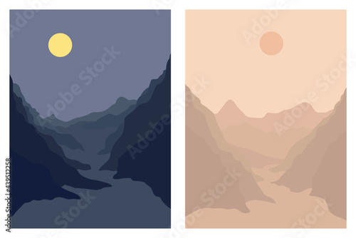 Set of aesthetic day and night landscape of mountains, moon and sun. Wall decor. Minimalist art print template. Modern vector illustration.