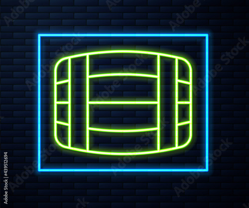 Glowing neon line Wooden barrel icon isolated on brick wall background. Alcohol barrel, drink container, wooden keg for beer, whiskey, wine. Vector