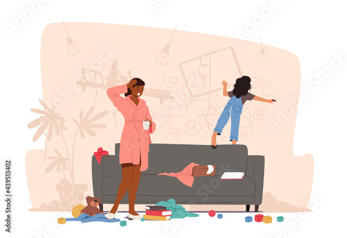 Mother Character Shocked with Little Girl Painting on Wall, Naughty Kid Making Mess, Drawing, Throw Things Around