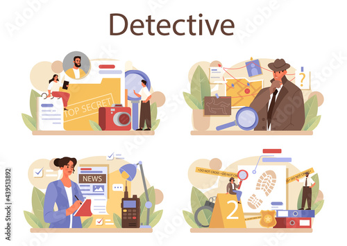 Professional detective concept set. Agency investigating a crime place