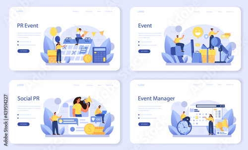 PR event web banner or landing page set. Celebration or meeting organization