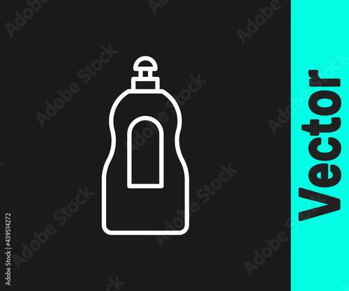 White line Dishwashing liquid bottle icon isolated on black background. Liquid detergent for washing dishes. Vector