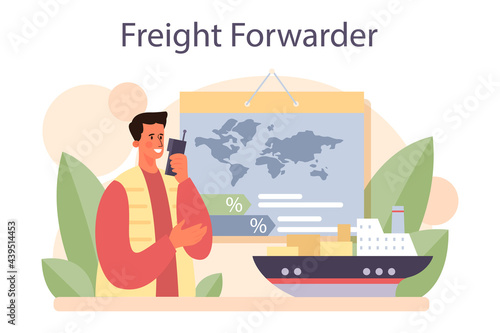 Freight forwarder concept. Loader in uniform delivering a cargo.