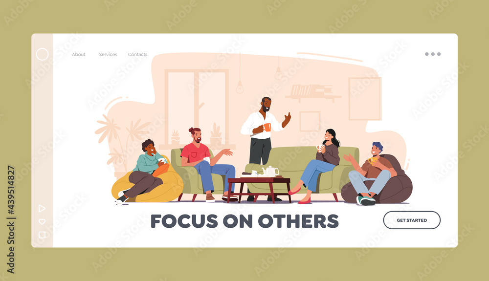 Home Party Landing Page Template. Group of Characters Celebrate Sit at Table in Living Room Eating Cookies, Drinking Tea Home Party Landing Page Template. Group of Characters Celebrate Sit at Table in Living Room Eating Cookies, Drinking Tea