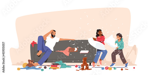 Father Shocked with Kids Bad Behaviour. Home Mess. Naughty Hyperactive Children Characters Fighting on Pillows, Chaos