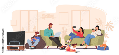 Family Characters Suffering of Social Media Internet Addiction Concept. Parents and Children Sitting Together at Home