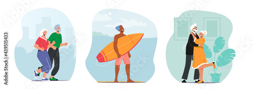 Seniors Active Lifestyle, Aged Man and Woman Jogging Exercises, Surfing Sports and Dancing Together on Disco Party