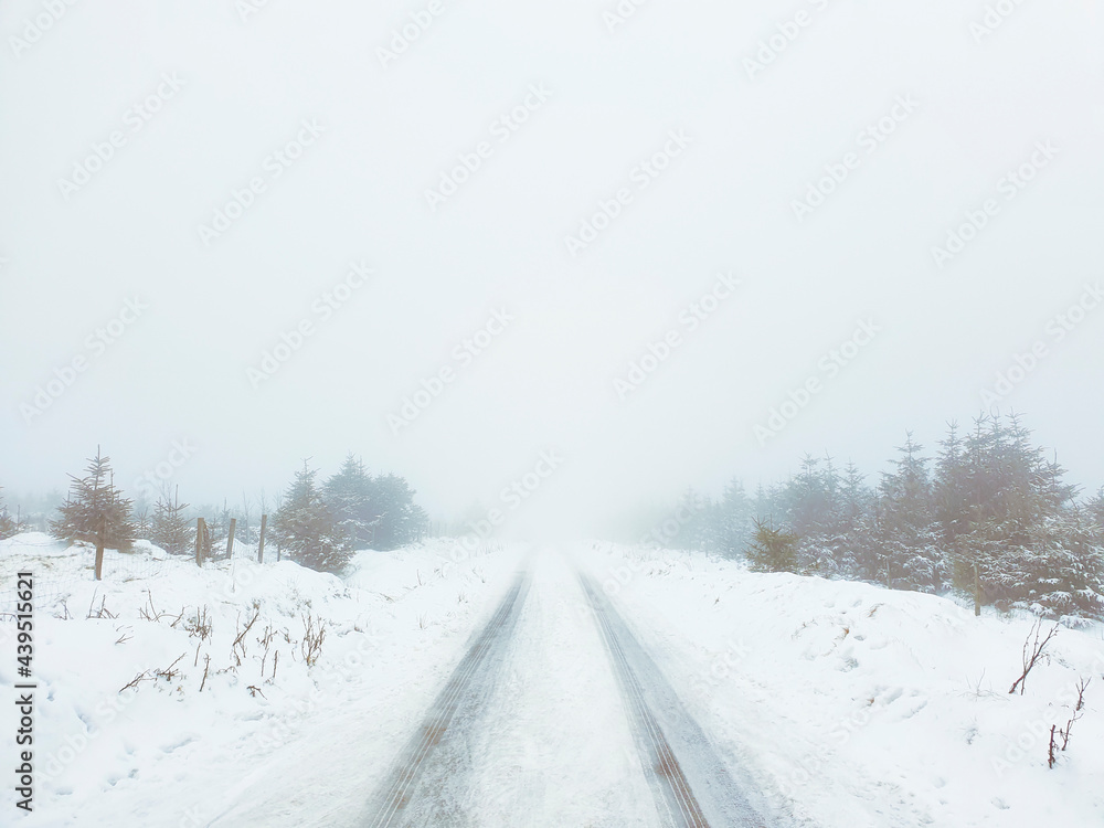 Disappearing road in snow and freezing fog Disappearing road in snow and freezing fog