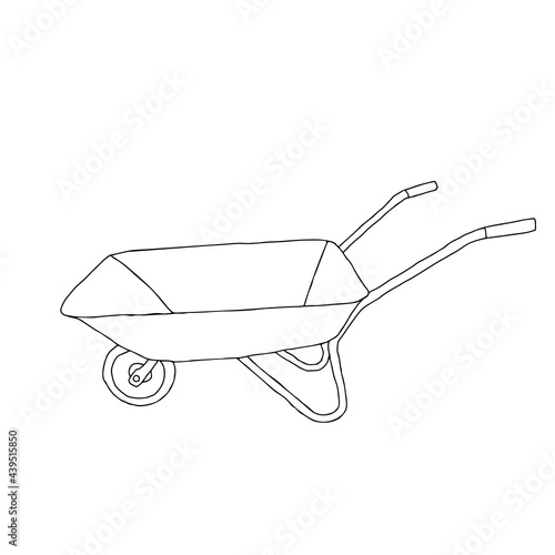 Hand drawn outline black vector illustration of a beautiful metal truck with handles for gardening isolated on a white background