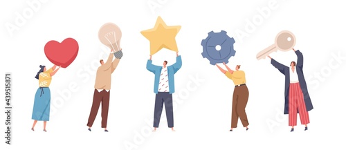 Set of tiny people holding big heart, light bulb, star, gear and key. Men and women standing with different huge items and tools. Colored flat vector illustration isolated on white background