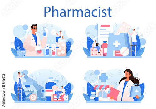 Pharmacy concept set. Pharmacist preparing and selling drugs