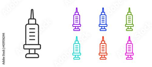 Black line Addiction to the drug icon isolated on white background. Heroin, narcotic, addiction, illegal. Sick junkie with a syringe and medical pills. Set icons colorful. Vector