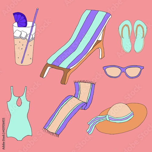 Beach icons colorful graphics isolated on pink background set for all prints. photo