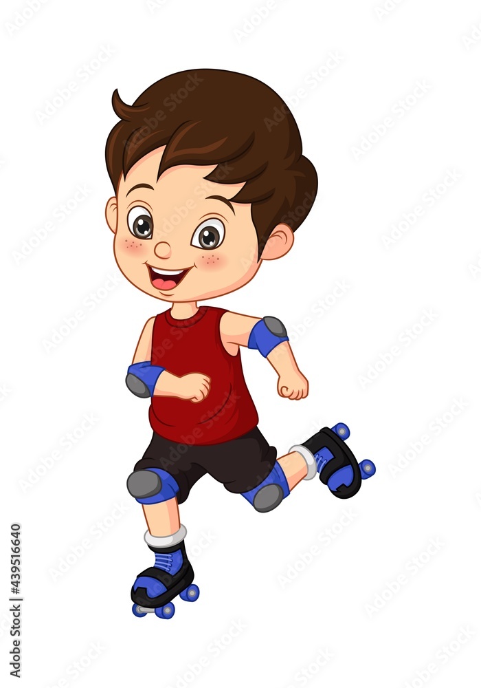 Cartoon little boy rides on roller skates Cartoon little boy rides on roller skates