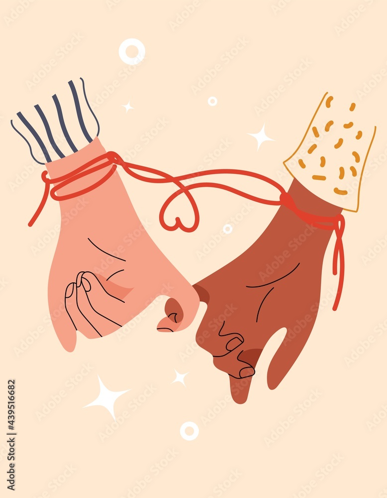 Red thread of fate tied little fingers of two. String Pinky Promise, Eastern Tradition for Valentine Day. Hands of couple in love. Symbol of eternal love or friendship. Vector stock illustration.