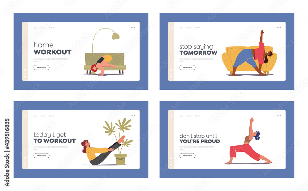 Characters Sport Activity Landing Page Template Set. People Doing Sports Training, Stretching Exercise, Fitness Workout Characters Sport Activity Landing Page Template Set. People Doing Sports Training, Stretching Exercise, Fitness Workout