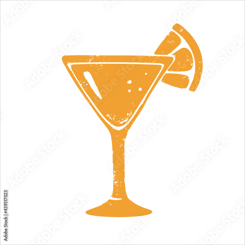 Textured orange color tropical cocktail in martini glass with citrus slice. Vector shabby hand drawn illustration isolated on white background