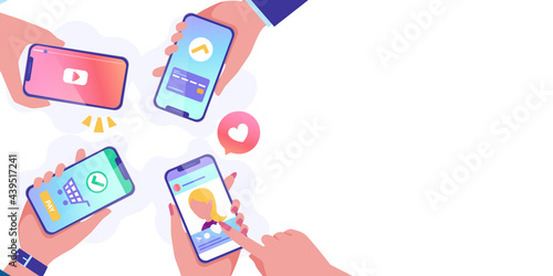 スマートフォンでsns、動画、キャッシュレス決済、オンラインショッピングをする人々のベクターイラストフレーム背景(スマホ、女性、男性、インターネット)
