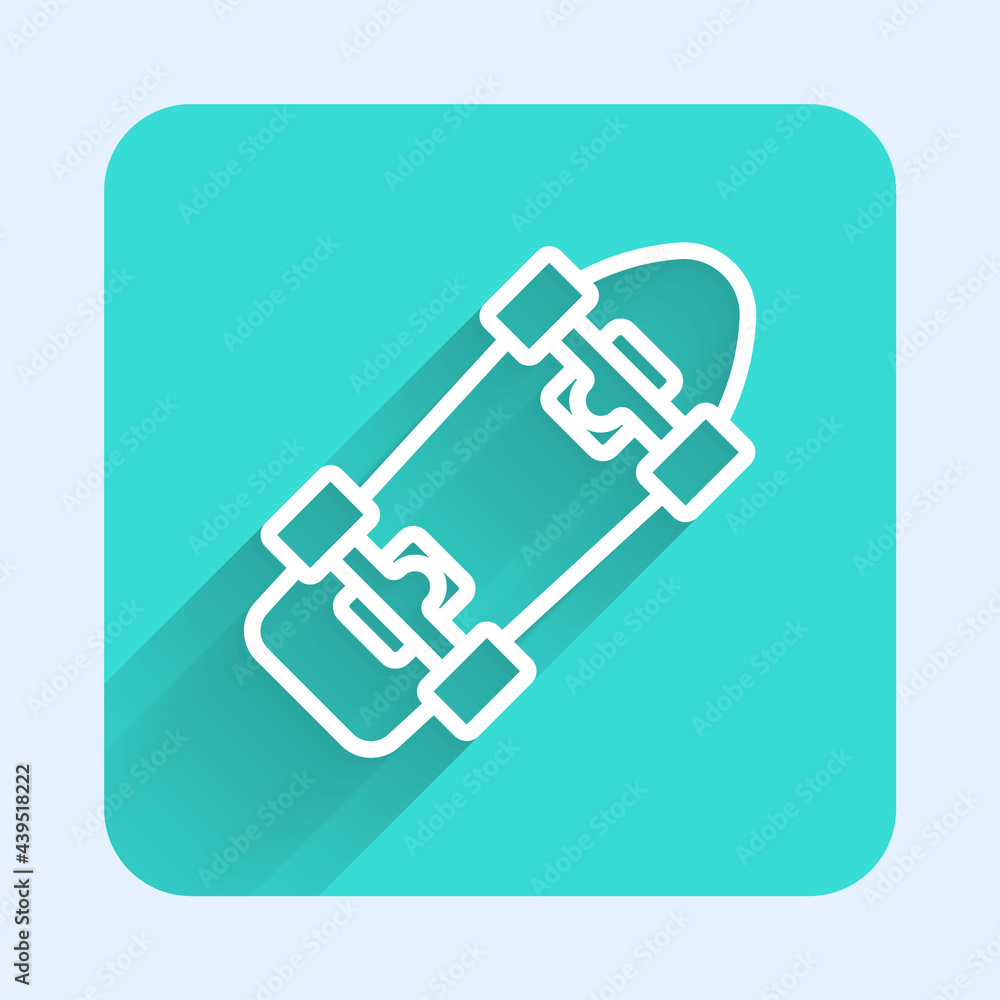 White line Skateboard icon isolated with long shadow background. Extreme sport. Sport equipment. Green square button. Vector White line Skateboard icon isolated with long shadow background. Extreme sport. Sport equipment. Green square button. Vector