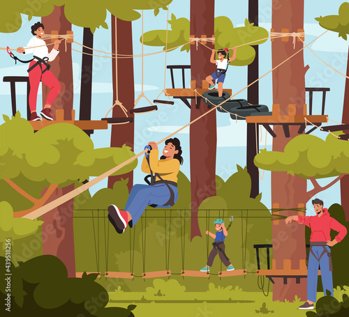 Family in Rope Park, Father, Mother and Children Characters Overcome Obstacles, Climb on Trees, Cross Suspended Bridge