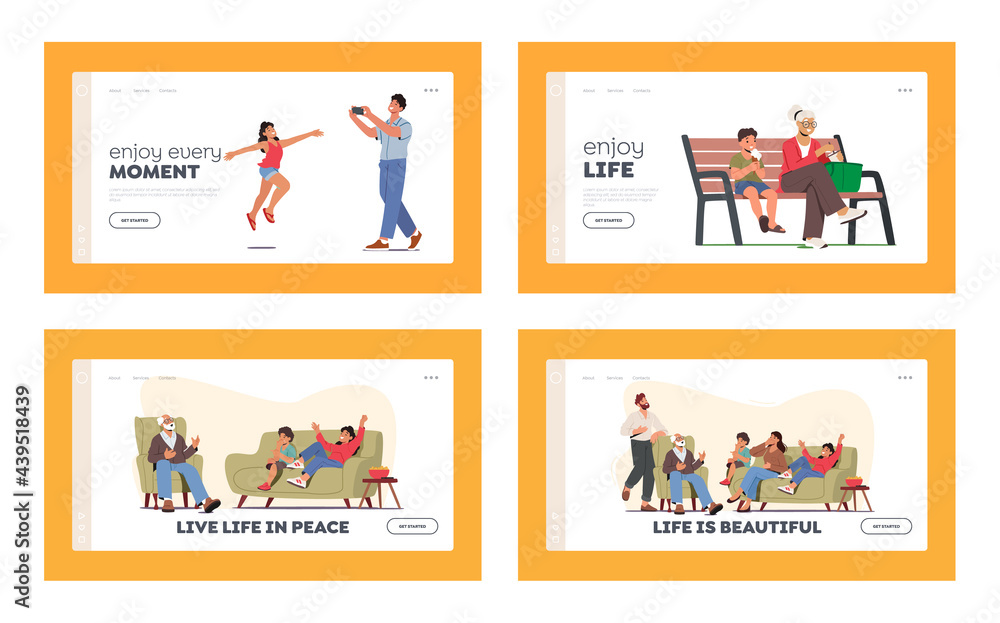 Happy Family Landing Page Template Set. People Walking in Park, Girl Posing for Father, Granny and Boy Eat Ice Cream