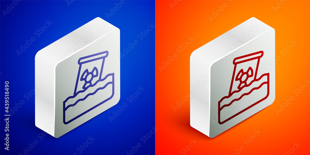 Isometric line Radioactive waste in barrel icon isolated on blue and orange background. Toxic waste contamination on water. Environmental pollution. Silver square button. Vector Isometric line Radioactive waste in barrel icon isolated on blue and orange background. Toxic waste contamination on water. Environmental pollution. Silver square button. Vector