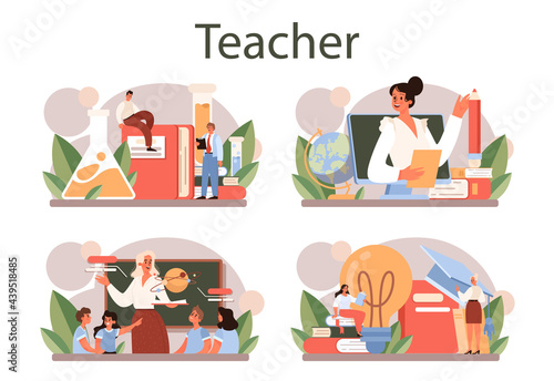 Teacher concept set. Professor giving a lesson in a classroom. School or college