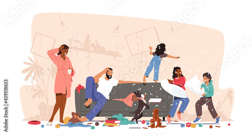 Father and Mother Shocked with Home Mess. Naughty Hyperactive Children Characters Fighting, Boy and Girls Making Chaos