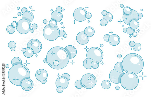 Set of Soap Bubbles, Transparent Water Spheres Isolated on White Background. Soapy Balls Balloons, Soapsuds. Glossy Foam