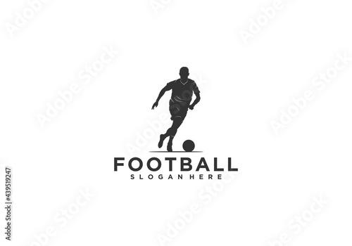 football logo with illustration of a soccer player dribbling the ball