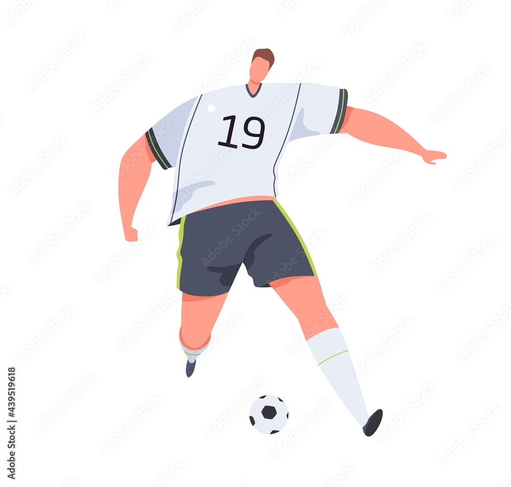 Soccer player running with ball forward and dribbling. Professional sportsman in uniform playing European football. Colored flat vector illustration of footballer isolated on white background Soccer player running with ball forward and dribbling. Professional sportsman in uniform playing European football. Colored flat vector illustration of footballer isolated on white background
