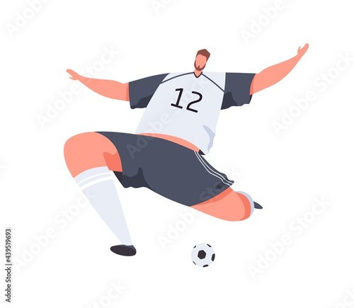 Athlete playing football, hitting ball. Abstract soccer player making strong ...