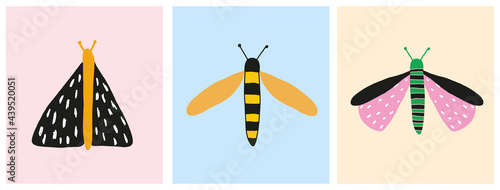 Cute Wildlife Vector Illustration with Little Butterflies, Dragonflies and Moths Isolated on a Blue, Pink and Yellow Background. Simple Nursery Print ideal for Wall Art, Poster, Card, Decoration.