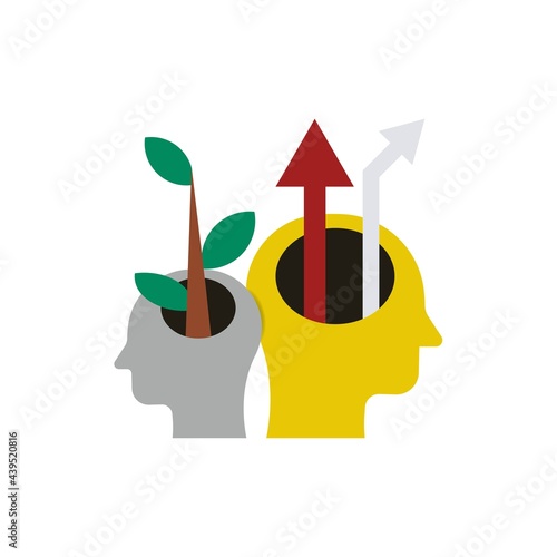 Two open human heads in profile color icon. Creative mind. A tree and arrow from the head. Business growth concept. Thoughts about ecology. Symbol for: illustration, logo, web ui, ux. Vector EPS 10