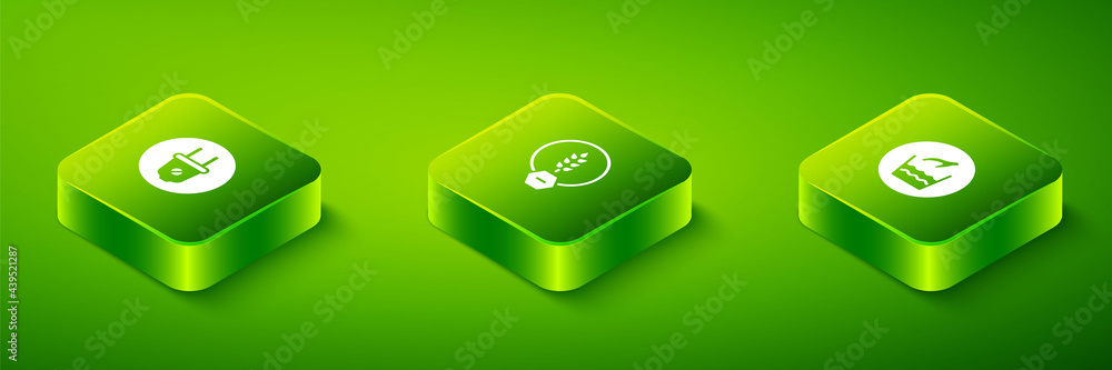 Set Isometric Gluten free grain, Hand wash laundry and Electric plug icon. Vector Set Isometric Gluten free grain, Hand wash laundry and Electric plug icon. Vector