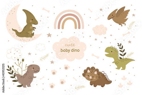 Cute baby dinos characters set. Cartoon dinosaurs animal for kids cards, baby shower, birthday invitation, house interior. Bright colored childish vector illustration.